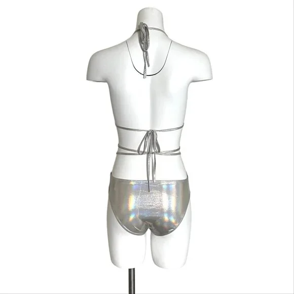 NWT Shein Hologram Tie Up swim bodysuit Rave Festival Burning Man - Picture 2 of 10